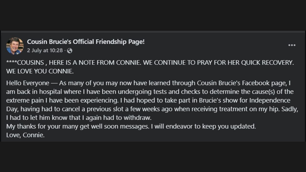 Connie Francis reveals that she's been hospitalized (image via Facebook)